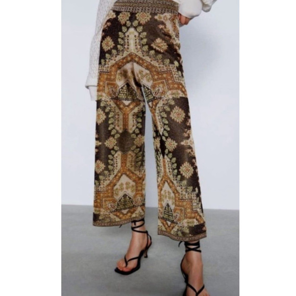 Zara Metallic Knitted Wide Leg Jacquard High Elastic Waisted Pants Size Small - Picture 1 of 9